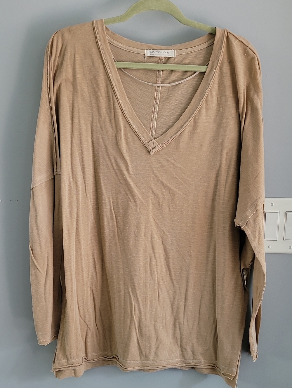 Free People Relaxed V-Neck Long Sleeve Top in Taupe